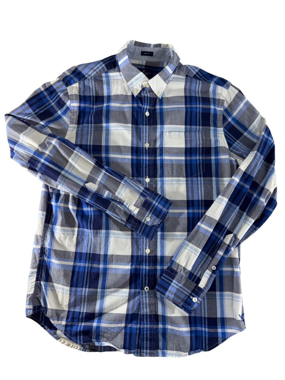 American Eagle Prep Fit Mens M Plaid Button Down Shirt Blue Gray 100% Cotton